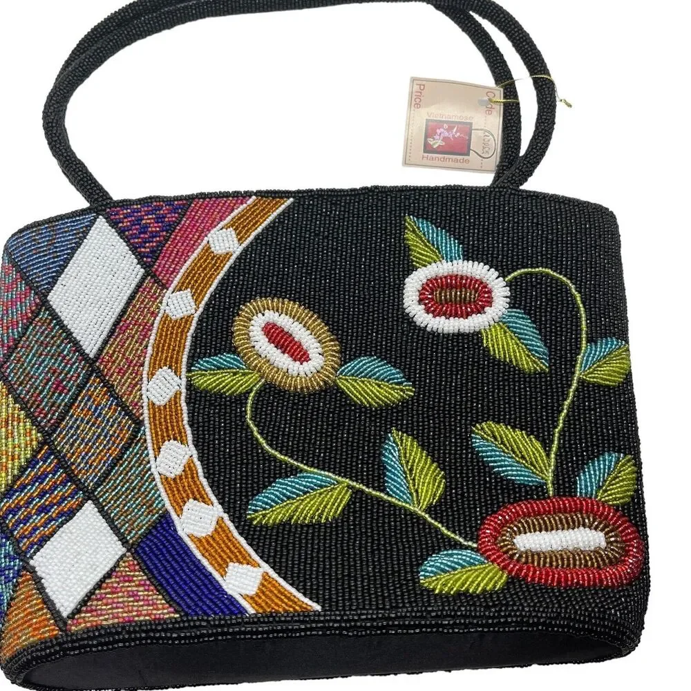 Beaded Purse Satchel Handbag Vintage Floral New with Tags Black Multicolor Retro